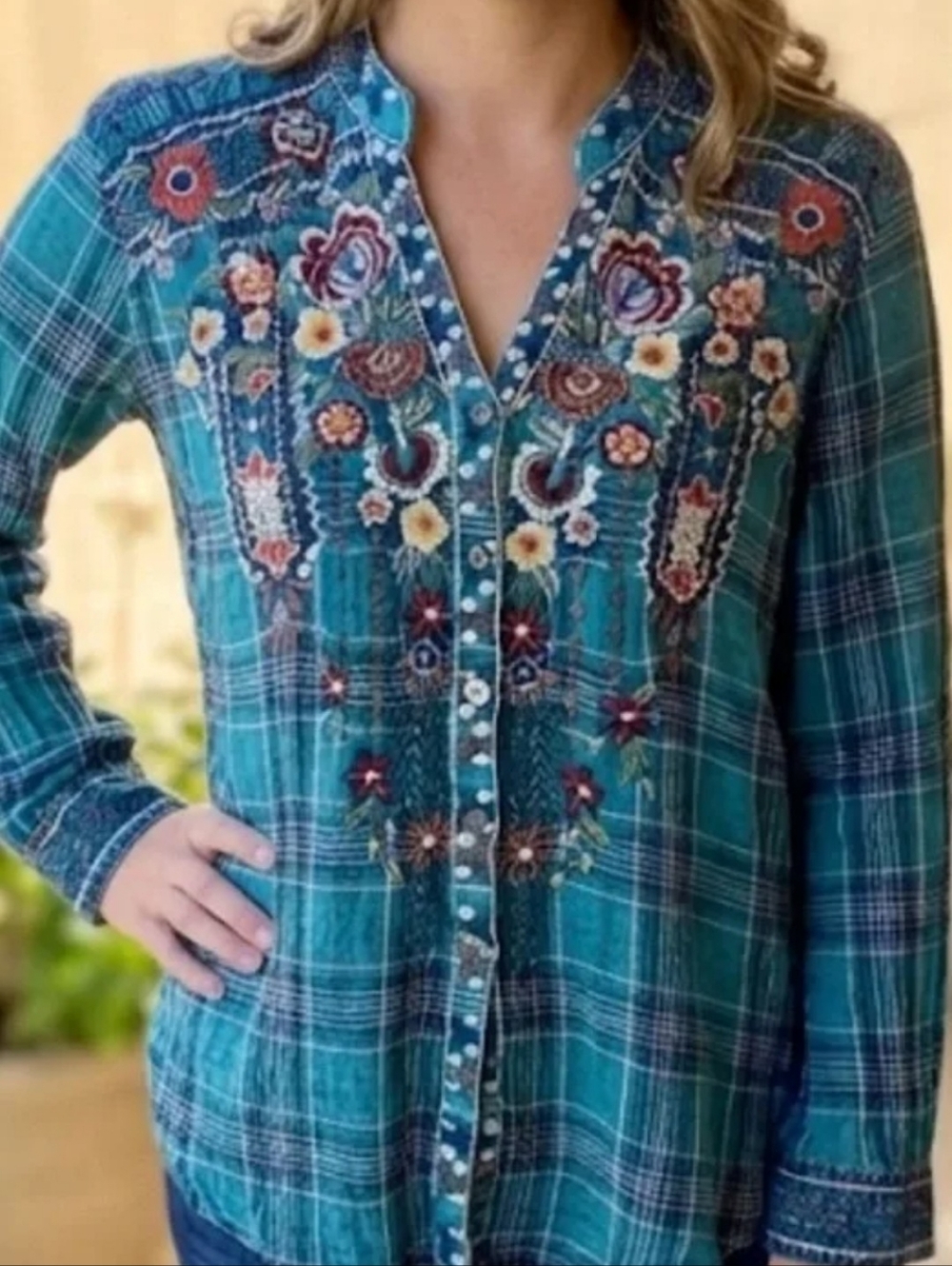 Johnny Was Teal Plaid Button-Down Shirt with Floral Embroidery On Front Medium,